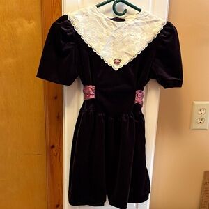 Girls' Velvet Formal Dress with Lace Bib and Pink Waist Accents - Purple